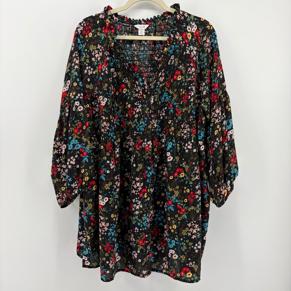 intro. Black Floral Smocked Tunic with Red, Blue & Cream Flowers